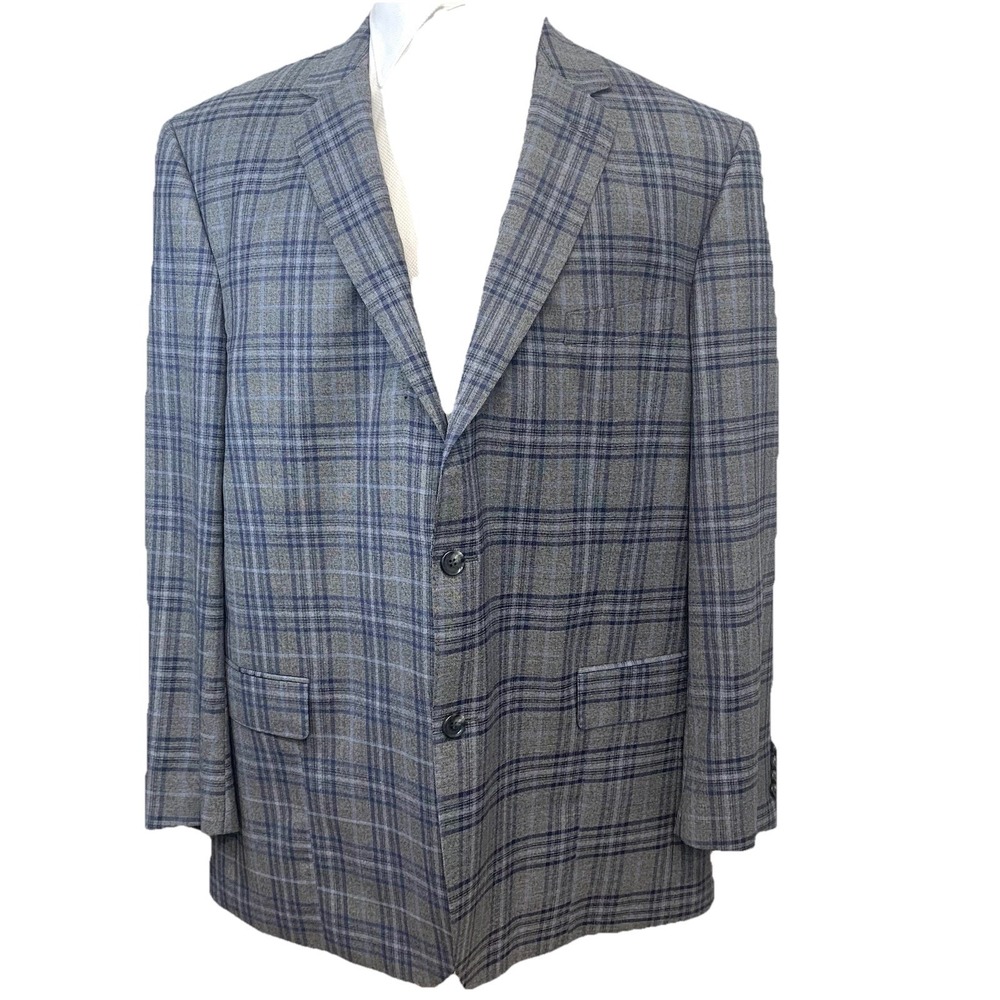 Reda Milano Sport Coat Blue Windowpane 48L 100% Wool Jacket Blazer Business